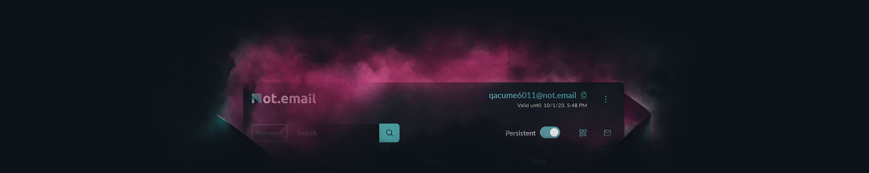 Elevated snapshot of Not.email's user interface, enveloped in wisps of magenta and teal smoke, symbolizing the seamless blend of design and security.